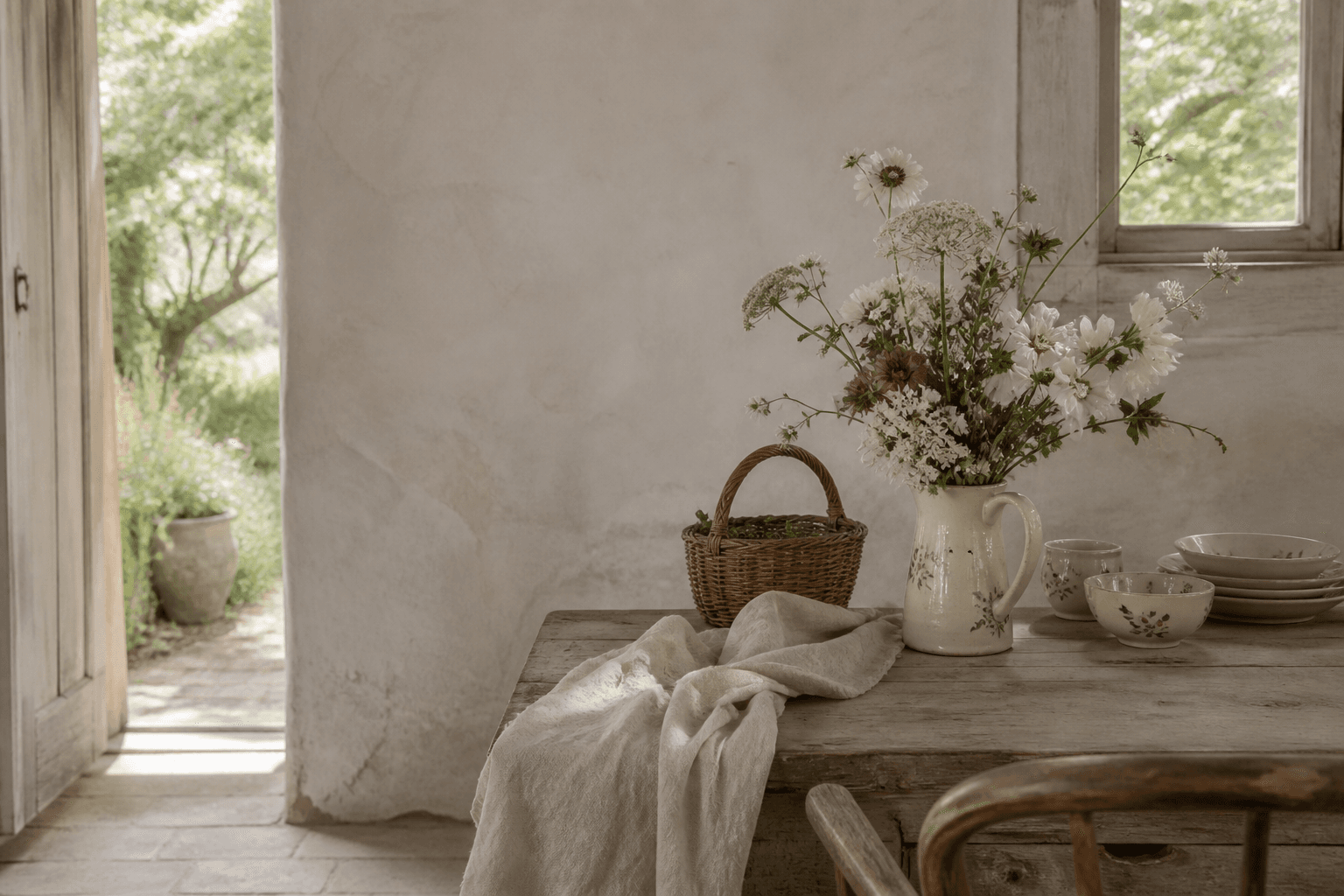 Lyst cottage-køkken med hør, blomster, fletkurv og gammel keramik