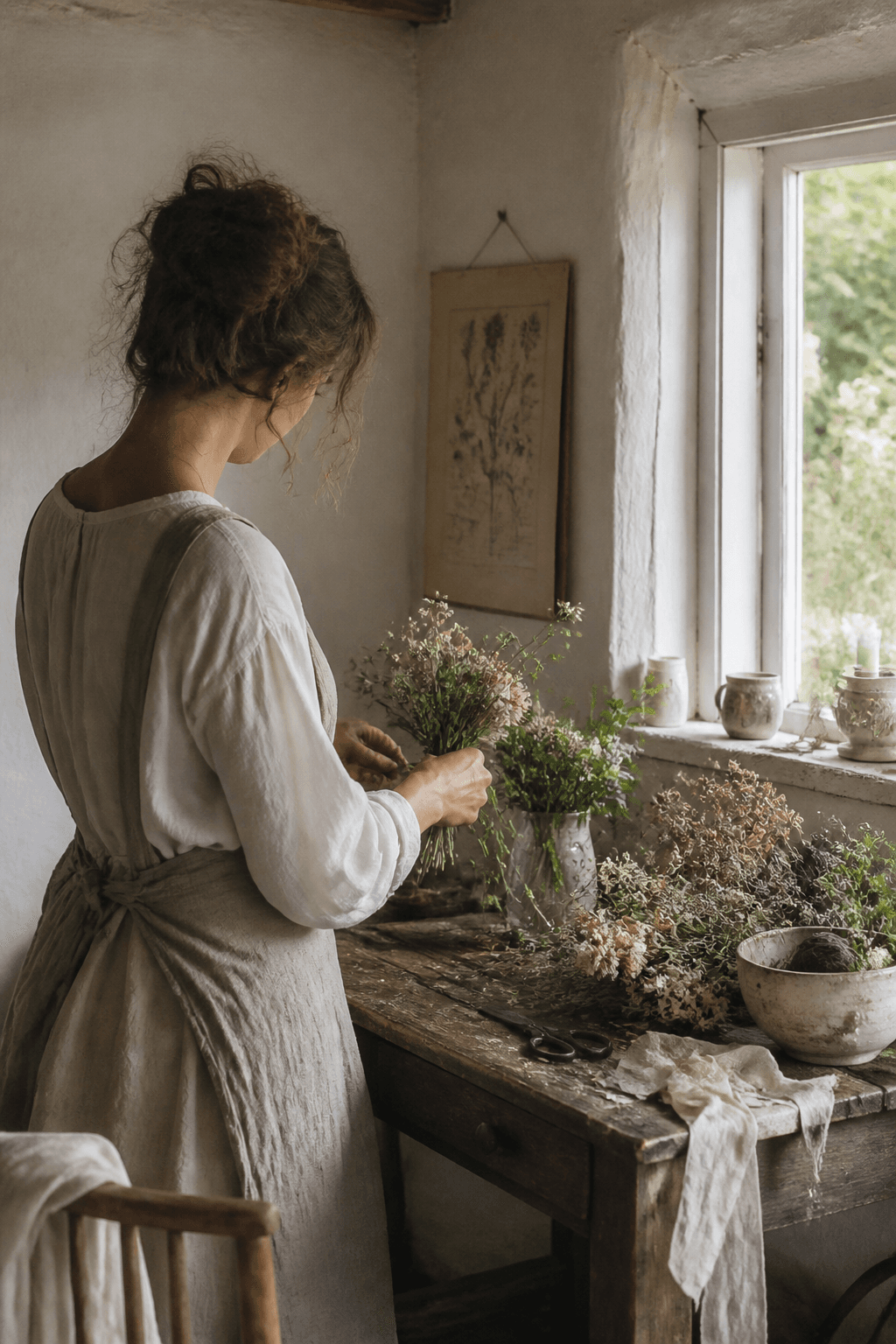 Jenny binder blomster ved et gammelt træbord i atelieret